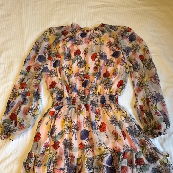 NSR Floral Long Sleeve Ruffle Neck Dress Smocked Waist - Picture 8 of 9